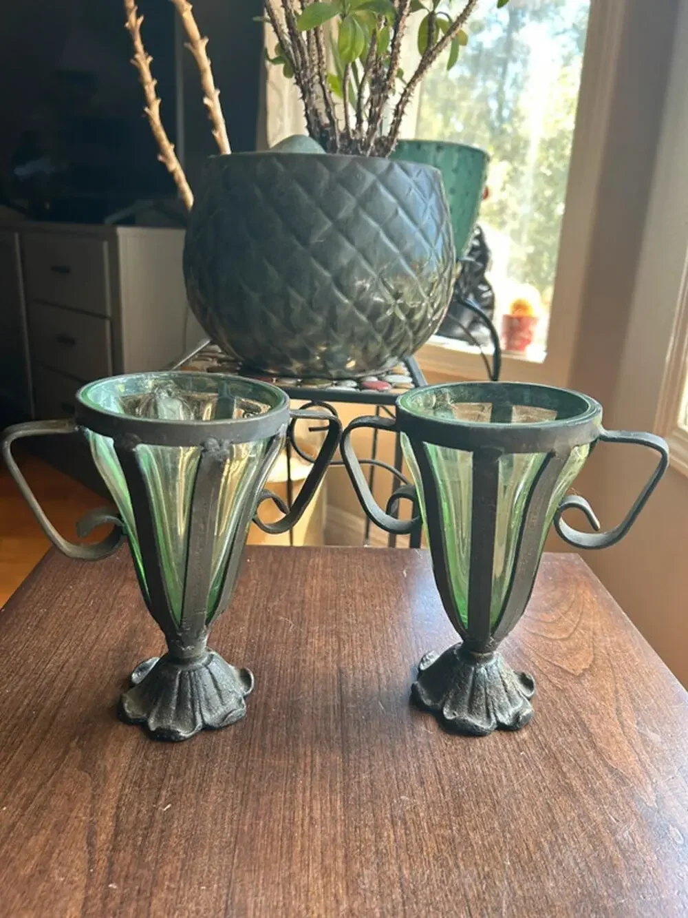 2 Caged Iron Hand-Blown Green Glass Urn Vase gothic medieval rustic